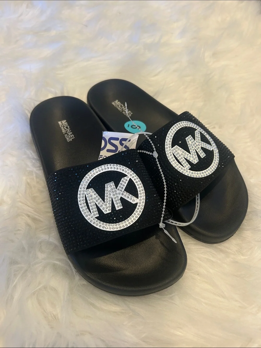 Michael Kors Black Rhinestone MK Slide Sandals